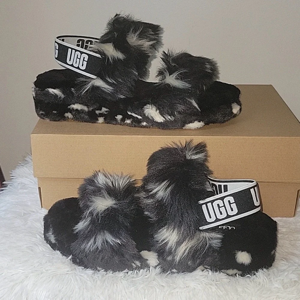 UGG Black and Cream Fluffy Slides Oh Yeah Spots Slippers size 9 - Picture 2 of 5
